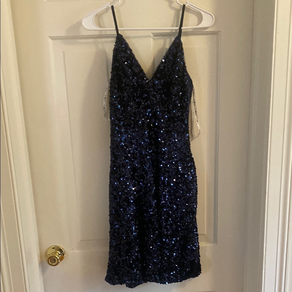 Elegant Sequin Midi Dress in Navy Blue Jules & Cleo